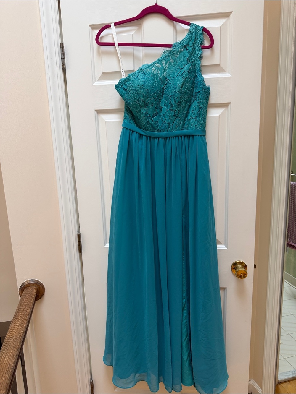 Azazie Teal One-Shoulder Lace & Chiffon Gown